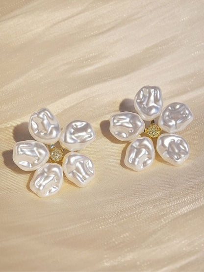 Faux Pearl Flower Stud Earrings – Gold Plated Floral Fashion Jewelry