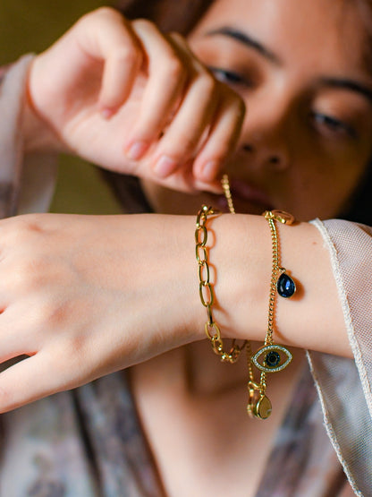 Evil Eye Charm Double layer Bracelet in 18K Gold | Adjustable, Anti-Tarnish