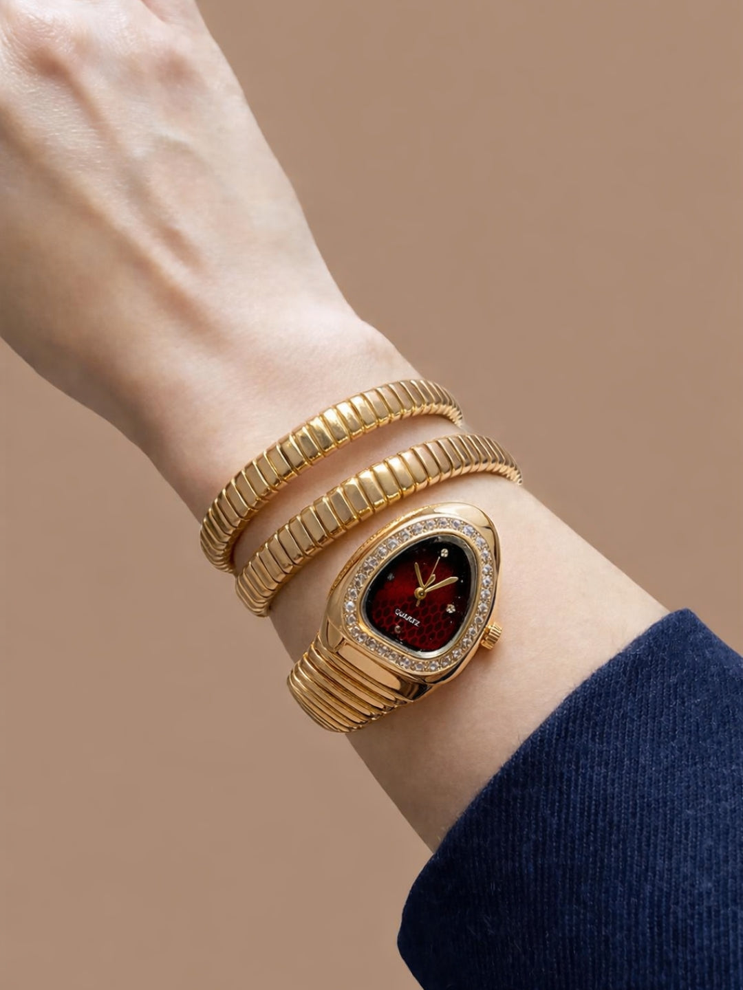 Ruby Dial Spiral Serpenti Gold Watch-Style Bracelet with CZ Stones