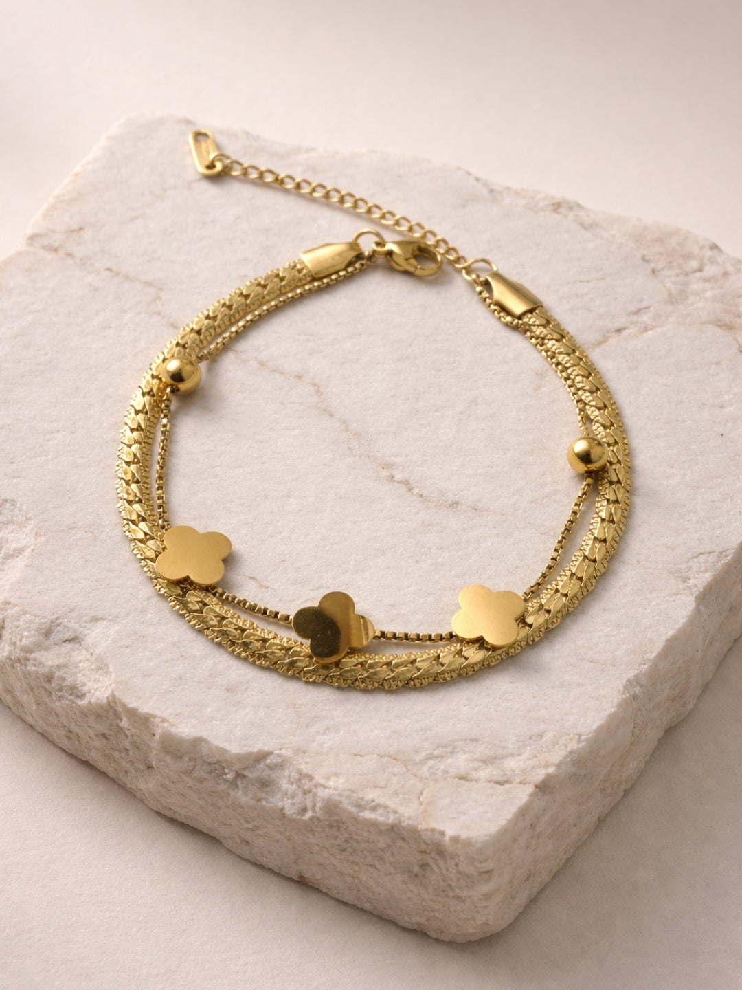 Clover Double Layer Cuban Chain Bracelet – 18K Gold Plated