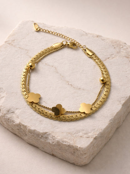 Clover Double Layer Cuban Chain Bracelet – 18K Gold Plated