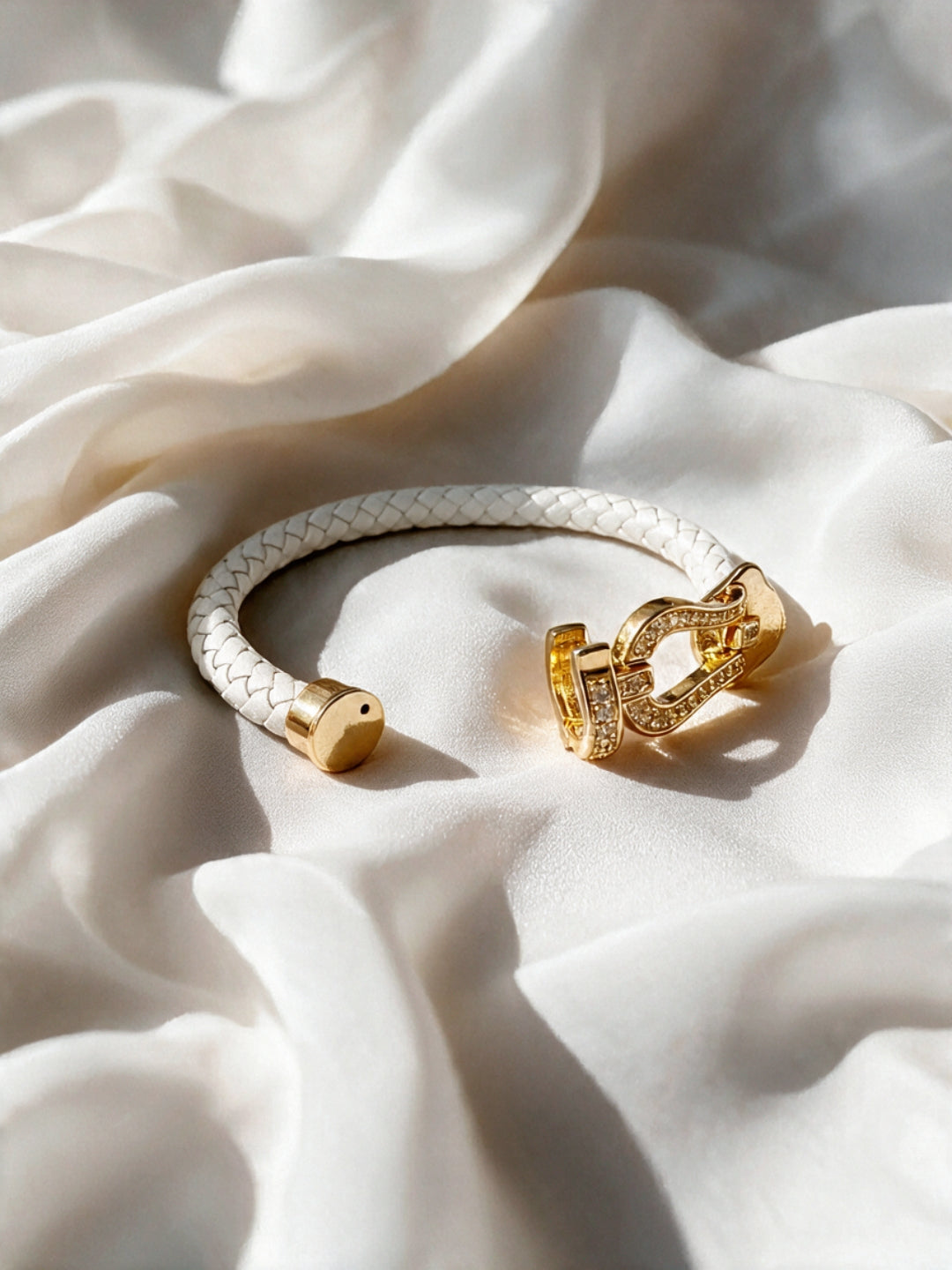 White Studded Braided Leather Gold Magnetic Bracelet -18KT Gold Plated