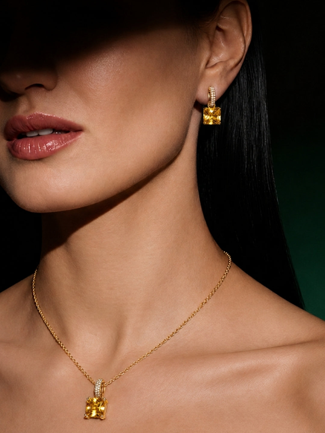 Yellow Square-Cut Pendant Necklace & Huggie Earring Set, 18K Gold-Plated