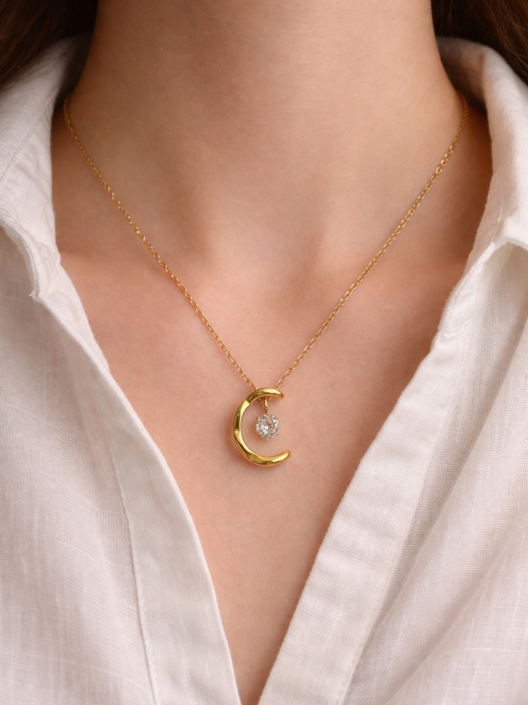 Crescent Moon Solitaire Gold Neckpiece | Anti-Tarnish Everyday Jewelry