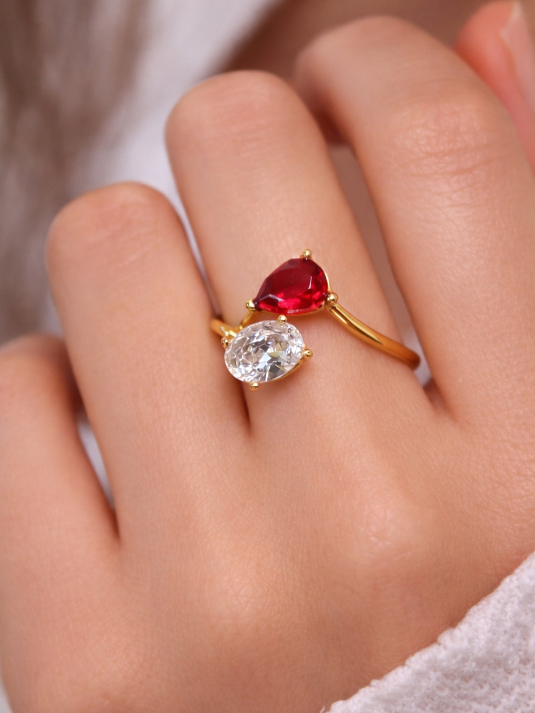 Red Ruby & White CZ Open Adjustable Gold Ring for Women