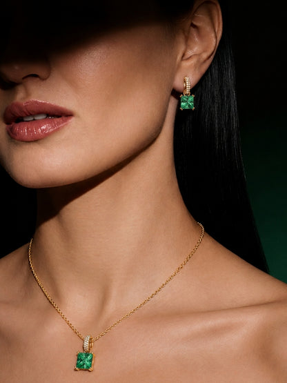 Emerald Square-Cut Pendant Necklace & Huggie Earring Set