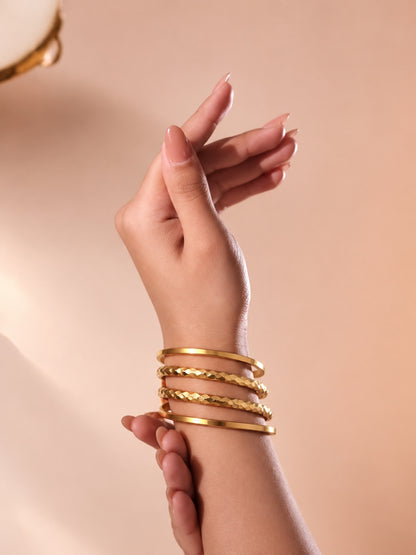 18K Gold Plated Textured Stainless Steel Stackable Bangle Set