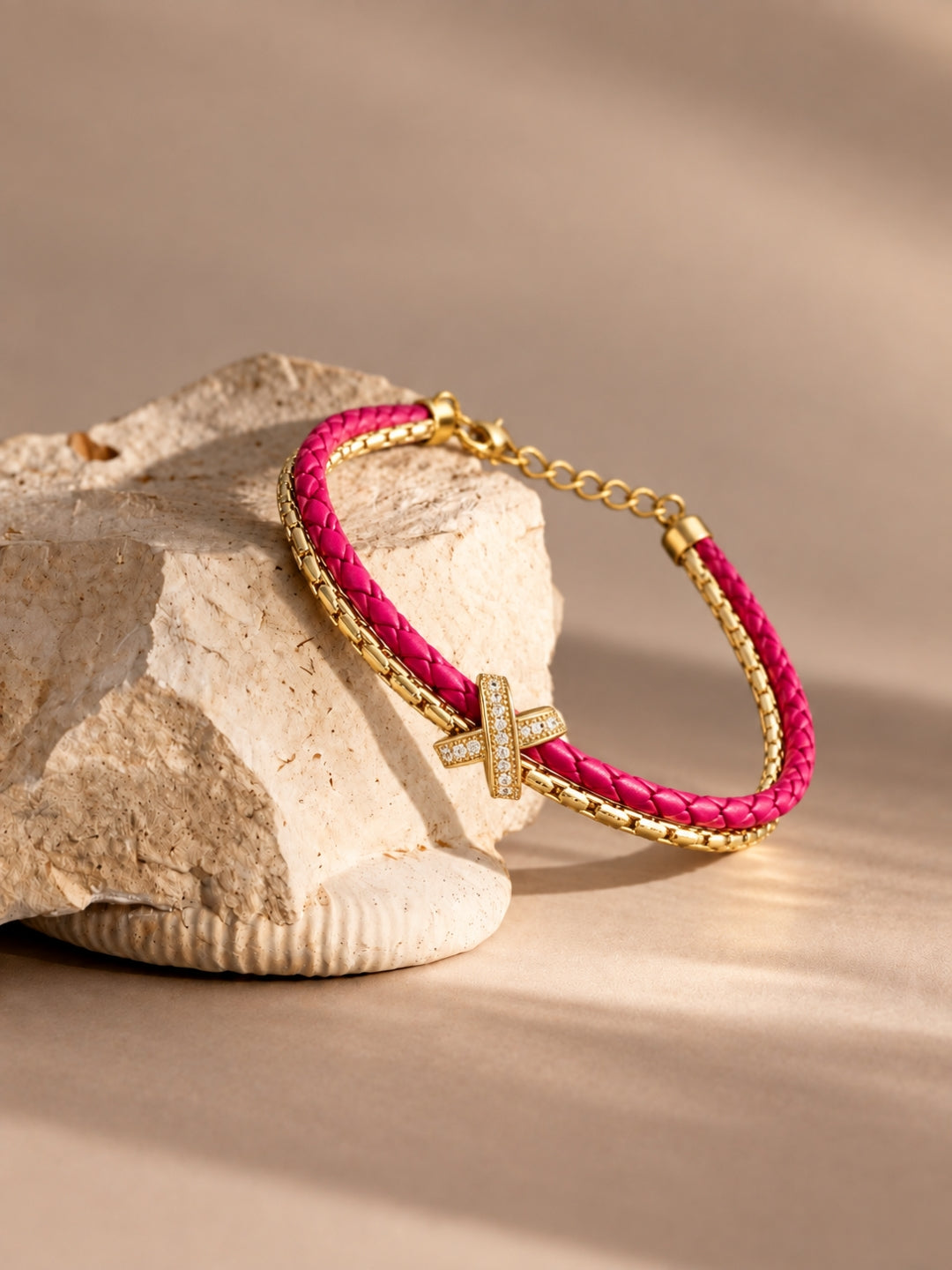 Fuchsia Pink Braided Double line Knot Band Cuff-18KT Gold Plated