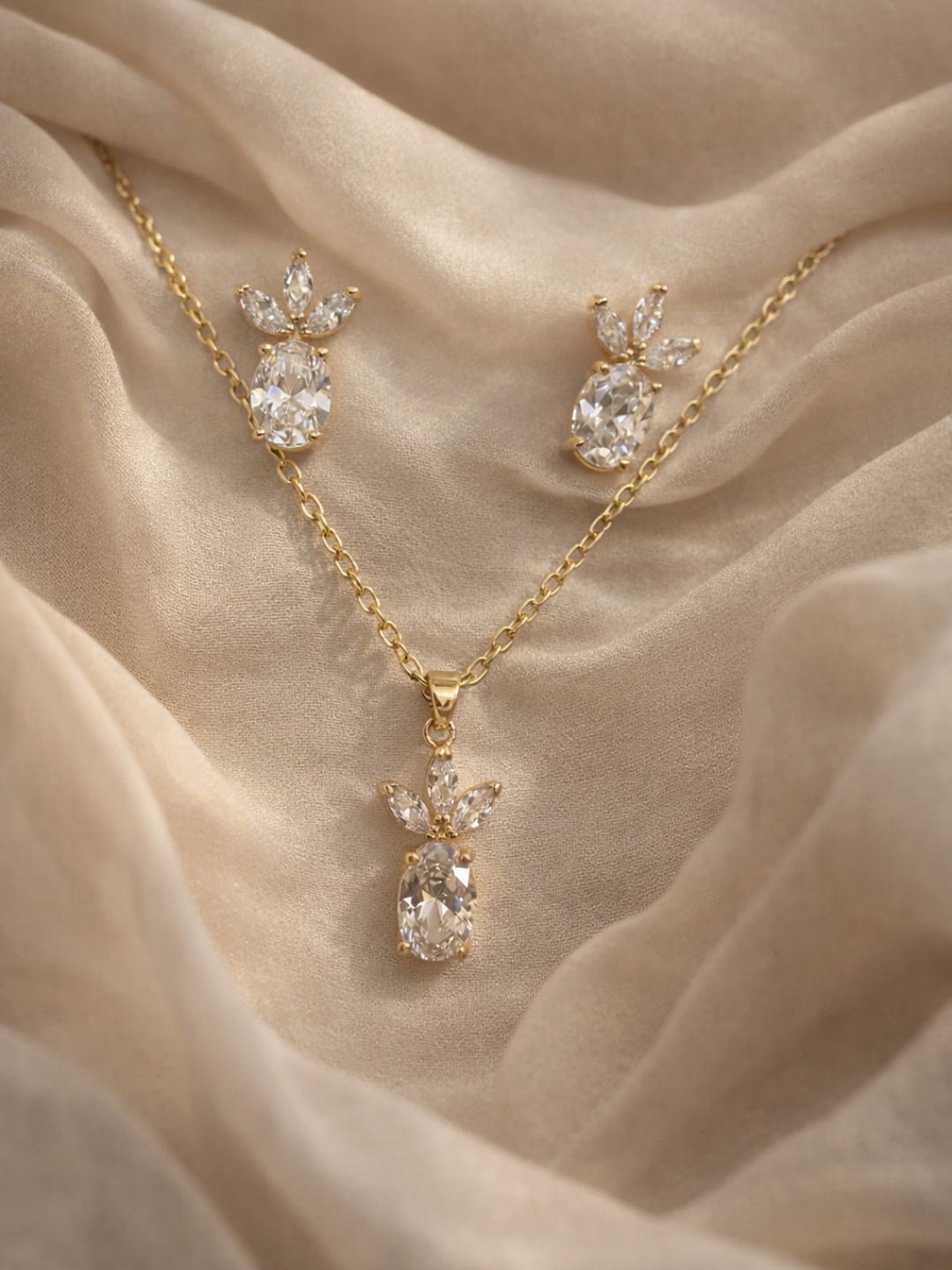 Marquise Leaf Solitaire CZ Jewelry Set – 18K Gold Plated