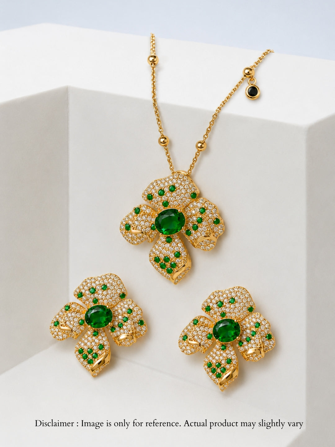Boccio Emerald Pavé Flower Necklace & Earring Set, 18K Gold-Plated