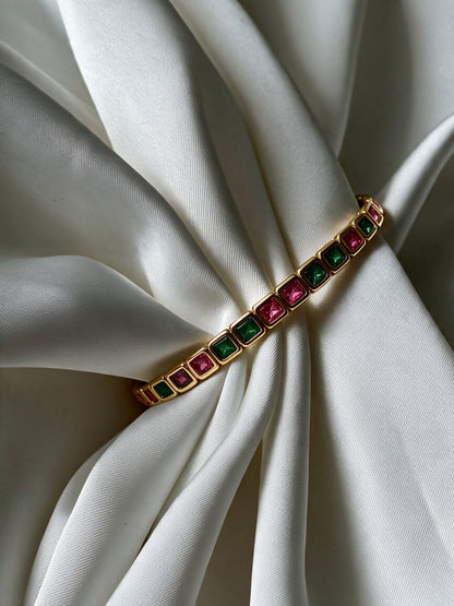 Green & Pink CZ Gold Plated Cuff Bracelet
