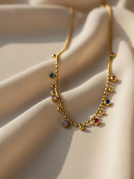 Anti-Tarnish Multicolor Beaded Stone Chain | 18K Gold CZ Jewelry