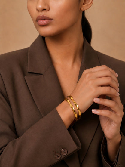 18K Gold Flat Wave Bangles Pair for Women | Anti Tarnish | 2.6