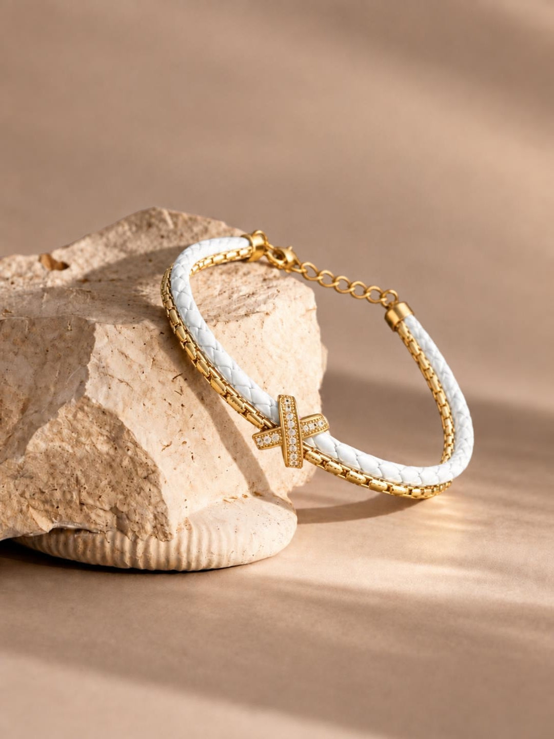 White Braided Double line Knot Band Cuff -18KT Gold Plated