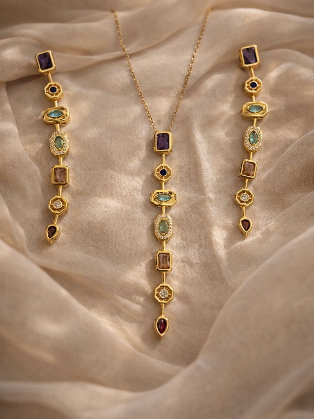 Pastel Shades Harmony Necklace & Earrings Set – 18K Gold Plated