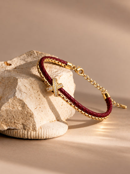 Dark Red Braided Double line Knot Band Cuff - 18KT Gold Plated