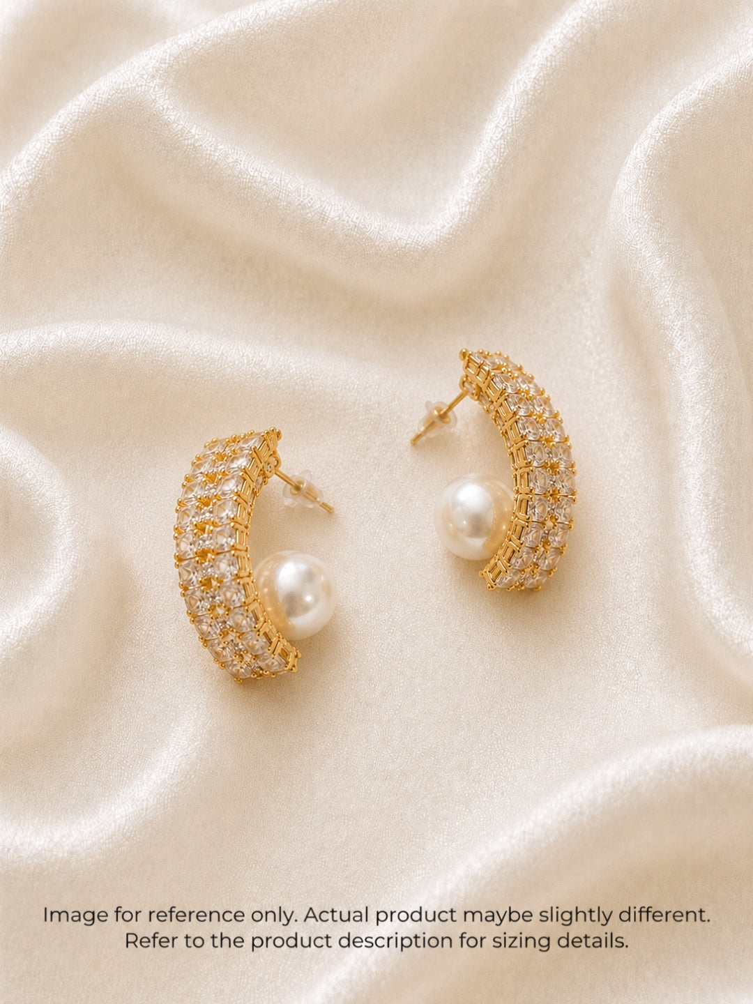 Sculpted Pavé Curve Pearl Stud Earrings, 18K Gold-Plated