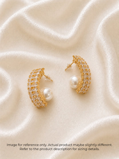 Sculpted Pavé Curve Pearl Stud Earrings, 18K Gold-Plated