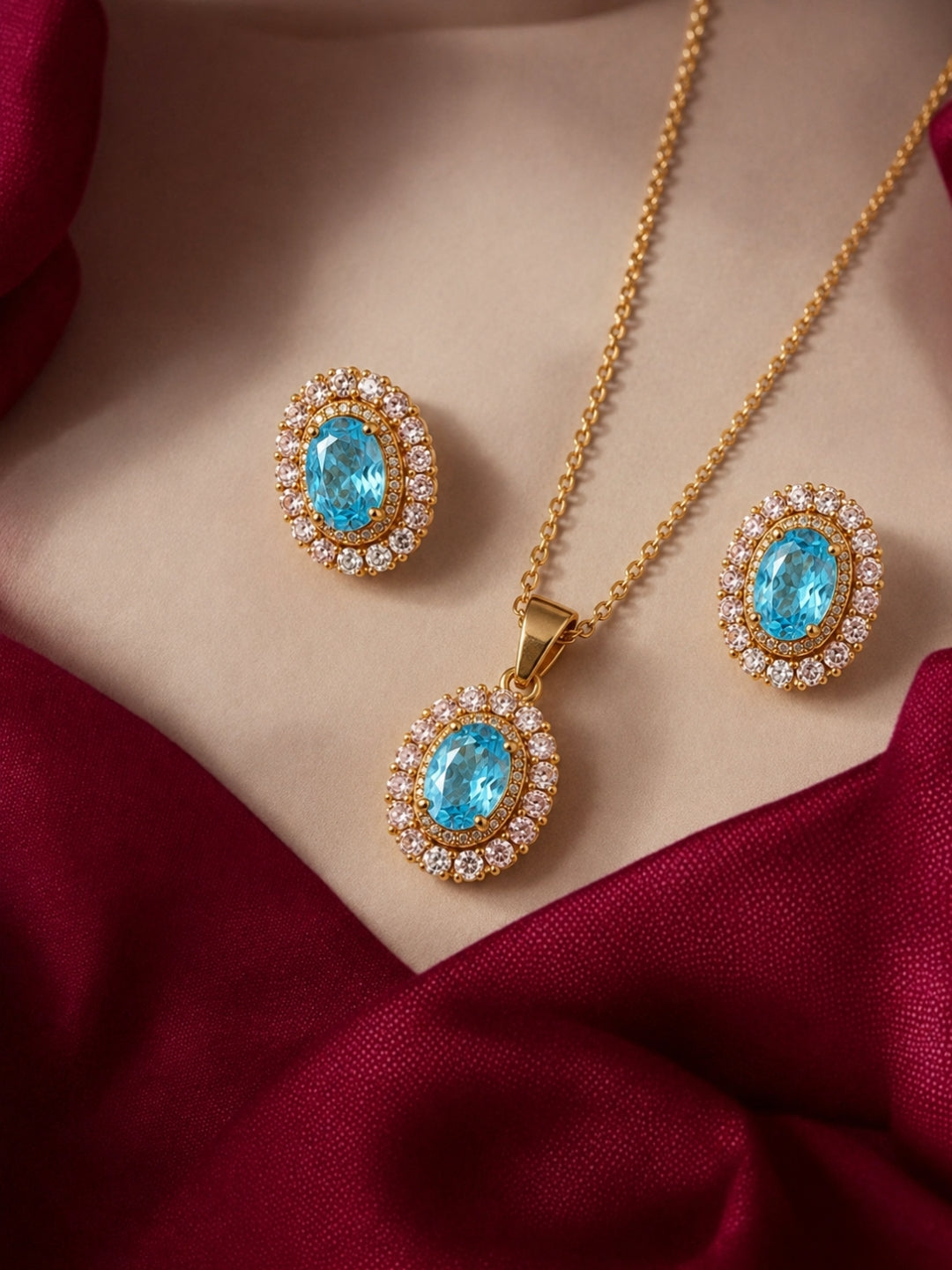 Acquamarina Double Halo Necklace & Earring Set, 18K Gold-Plated