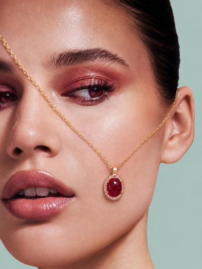 Melograno Red Cabochon Halo Necklace & Earring set 18K Gold-Plated
