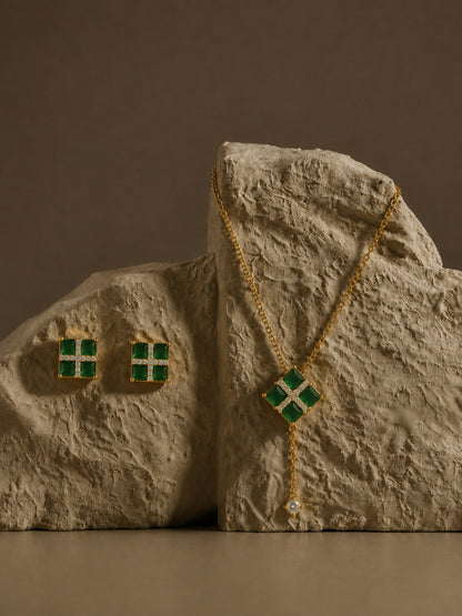 Vetrata Green Windowpane Necklace & Earring Set, 18K Gold-Plated