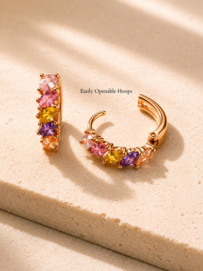 18K Rose Gold Multi Color CZ Marquise Hoop Earrings | Anti Tarnish