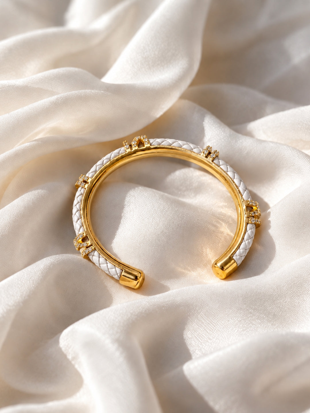 White Braided Roman Numeral Studded Bangle -18KT Gold Plated