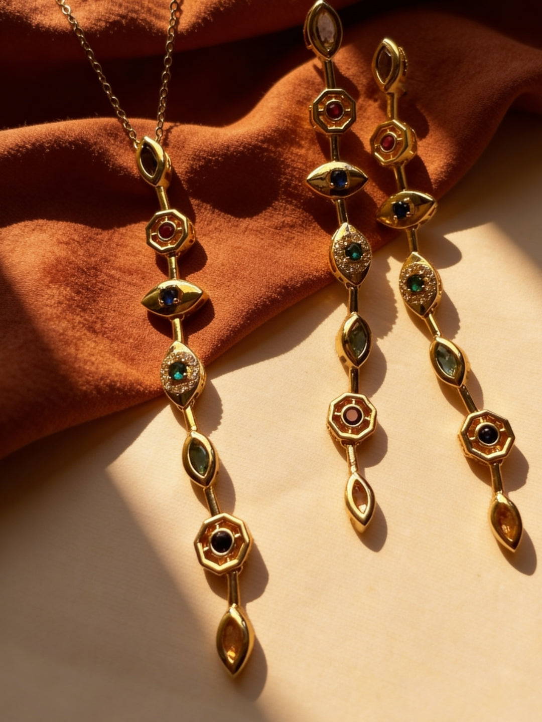 Evil Eye Pastel Shades Necklace & Earrings Set – 18K Gold Plated