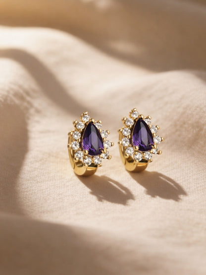 Purple CZ Halo Mini Hoops – 18K Rose Gold Anti Tarnish Earrings
