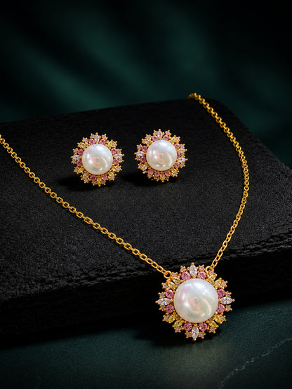 Corolla Pearl Sunburst Necklace & Earring Set, 18K Gold-Plated