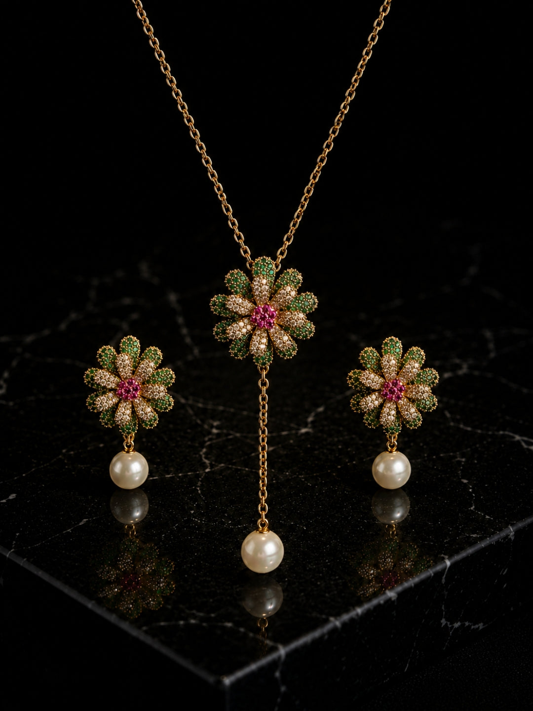 Margherita Floral Pearl Drop Necklace & Earring Set, 18K Gold-Plated