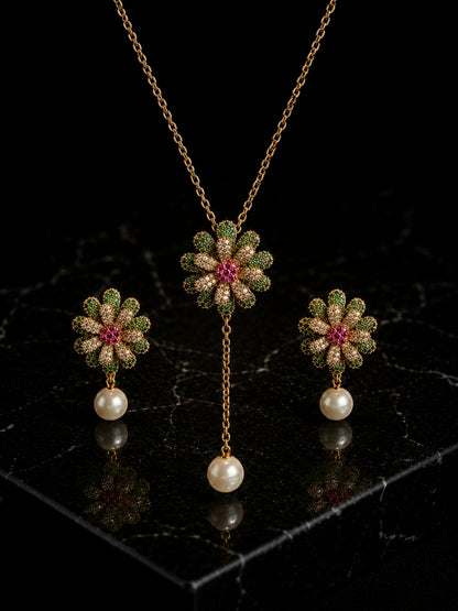 Margherita Floral Pearl Drop Necklace & Earring Set, 18K Gold-Plated