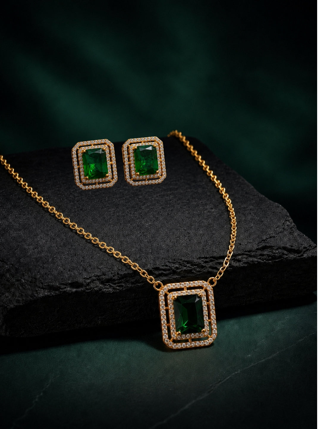 Giada Green Double Halo Necklace & Earring Set, 18K Gold-Plated
