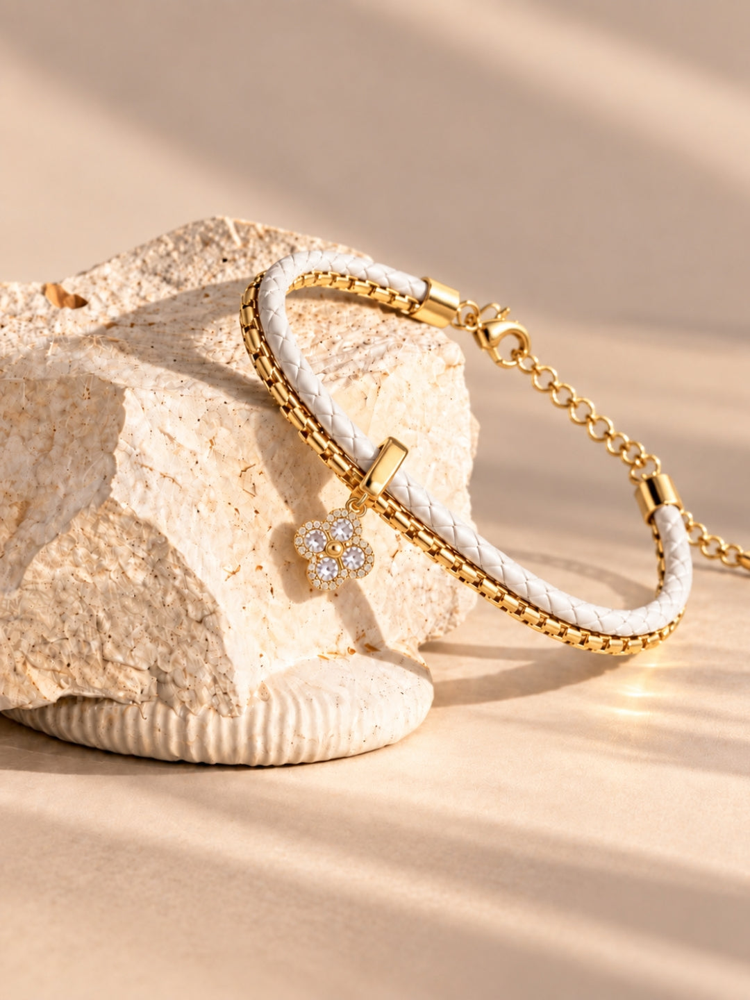 White Braided Double line Clover Band Cuff -18KT Gold Plated