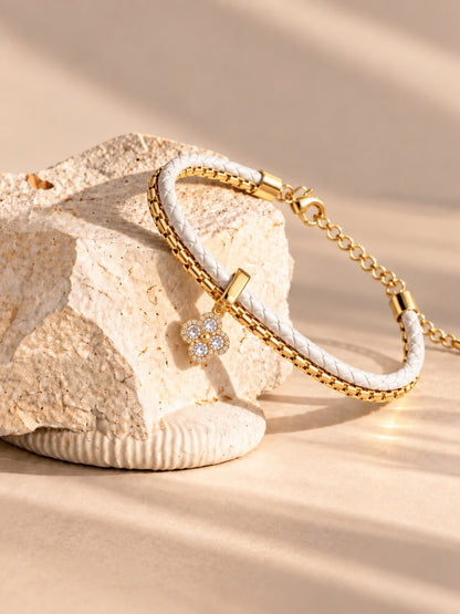 White Braided Double line Clover Band Cuff -18KT Gold Plated
