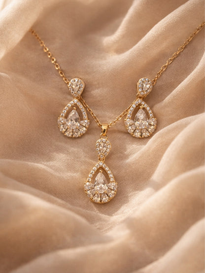 18K Rose Gold Teardrop CZ Ethnic Necklace & Earrings Set
