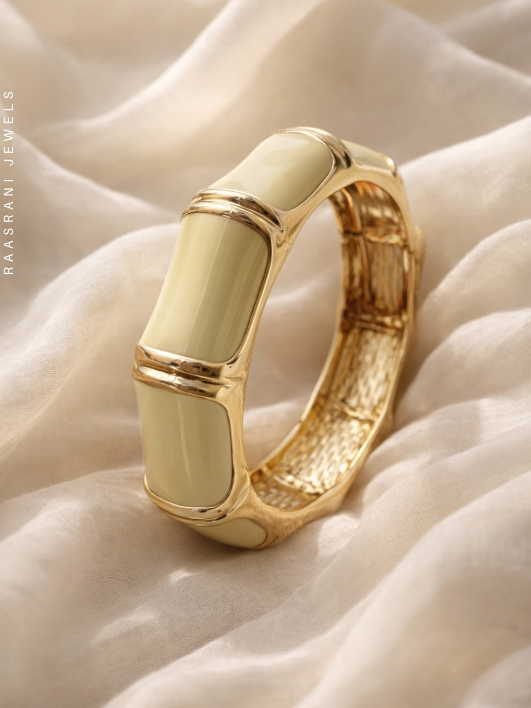 Ivory Bamboo Enamel & Faceted Gold Cuff Bracelet – Stack of 2