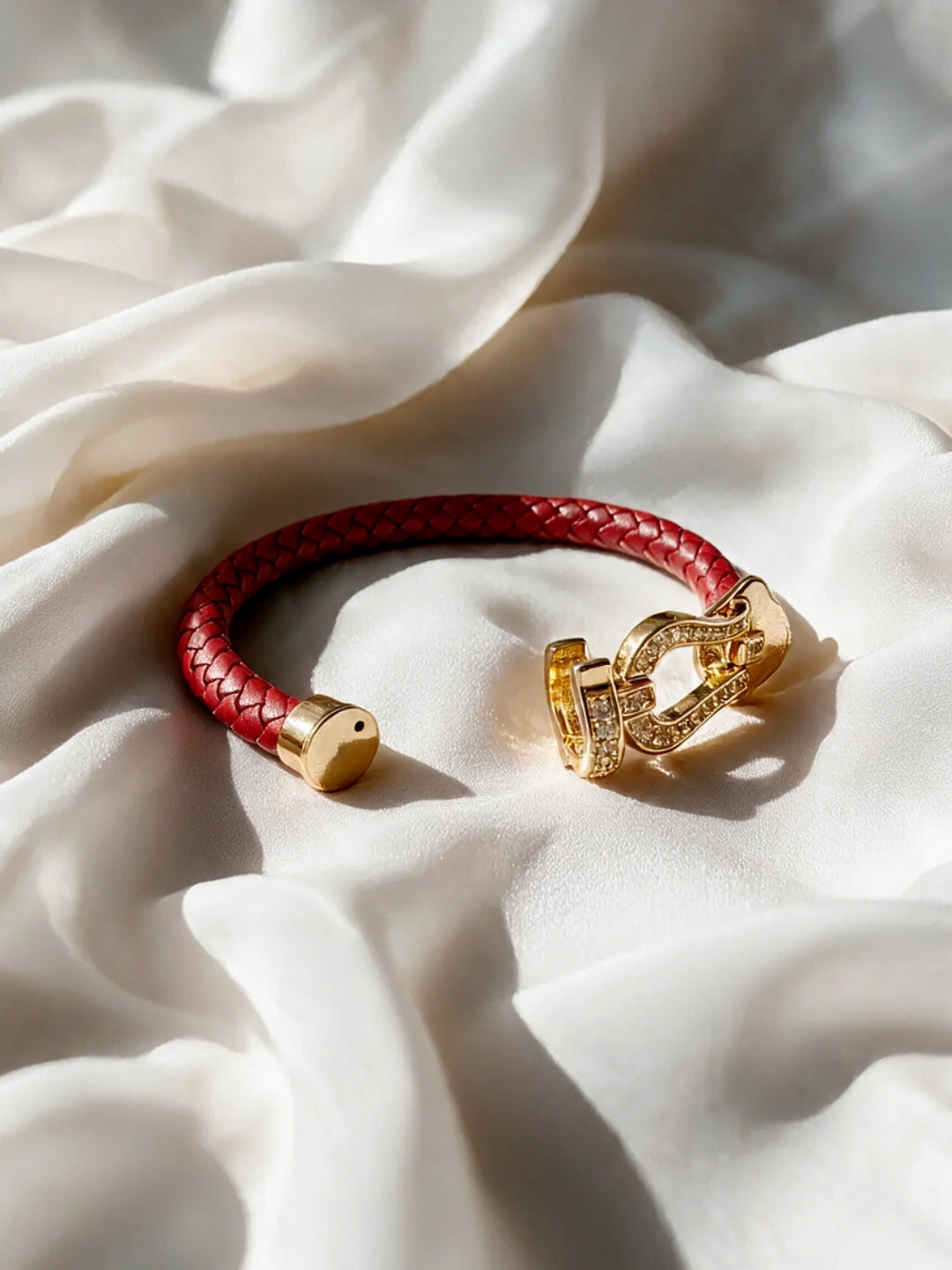 Red Studded Braided Leather Gold Magnetic Bracelet -18KT Gold Plated