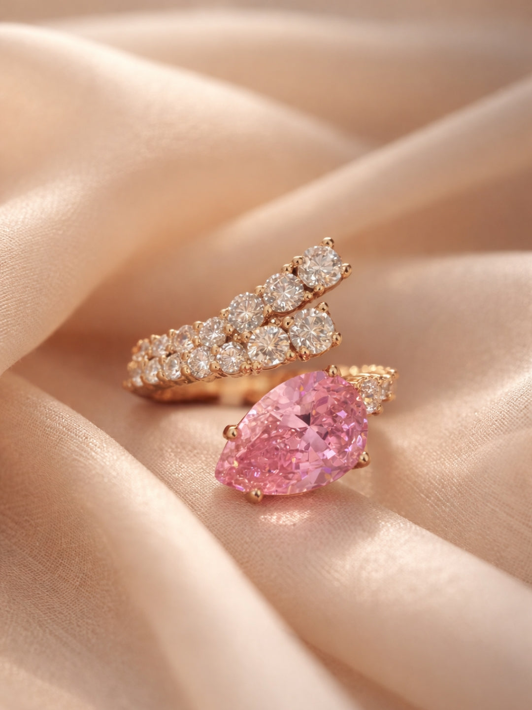 Pink Moissanite & AD Rose Gold Designer Ring | Adjustable