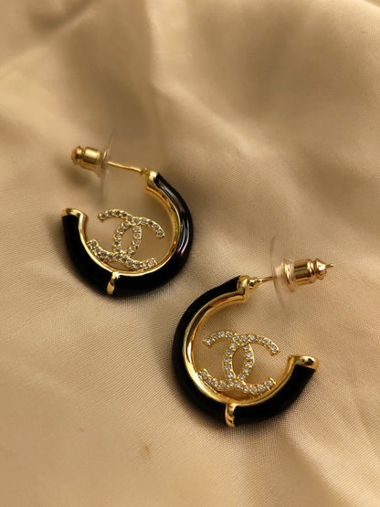 Brand Inspired Black Enamel Half Hoop Earrings – 18K Gold Plated