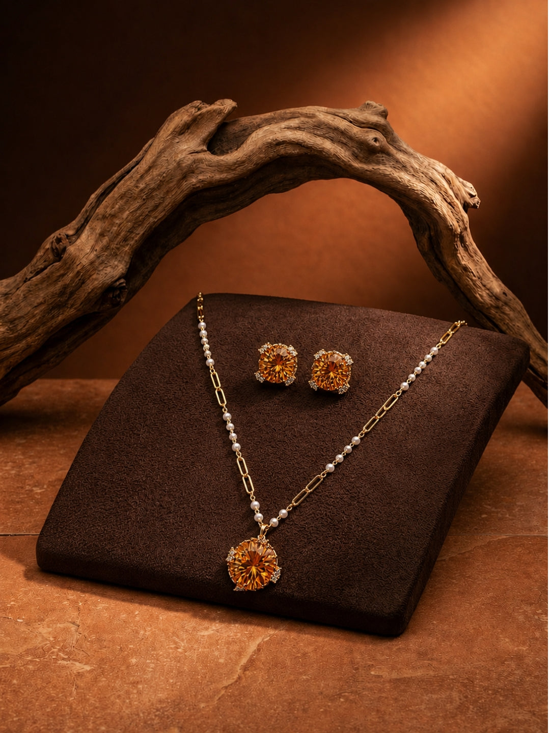 Adeline" Champagne Crystal Pendant Set — 18K Gold Plated with Pearl Accent Chain