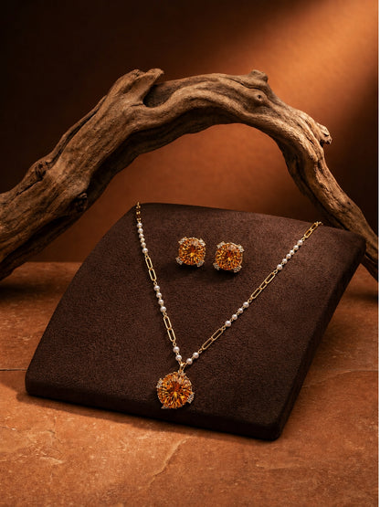 Adeline" Champagne Crystal Pendant Set — 18K Gold Plated with Pearl Accent Chain