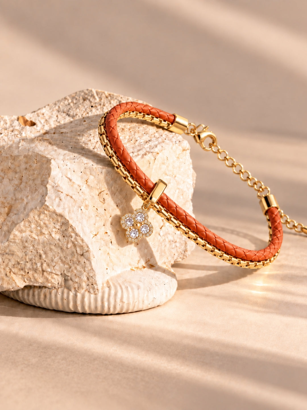 Rust Braided Double line Clover Band Cuff-18KT Gold Plated