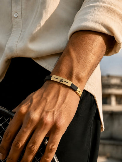 Om Engraved Men's Bracelet – Thick 18K Gold Plated Stainless Steel with Black Silicone