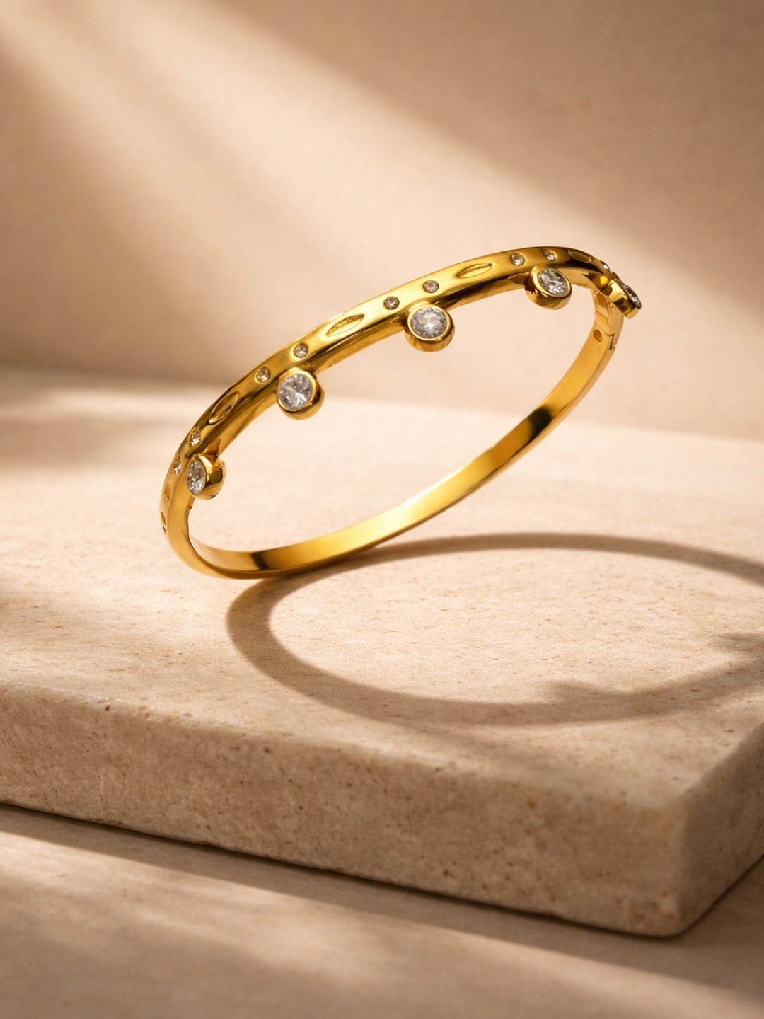 Gold Solitaire Studded Bracelet – CZ Open Cuff Bangle