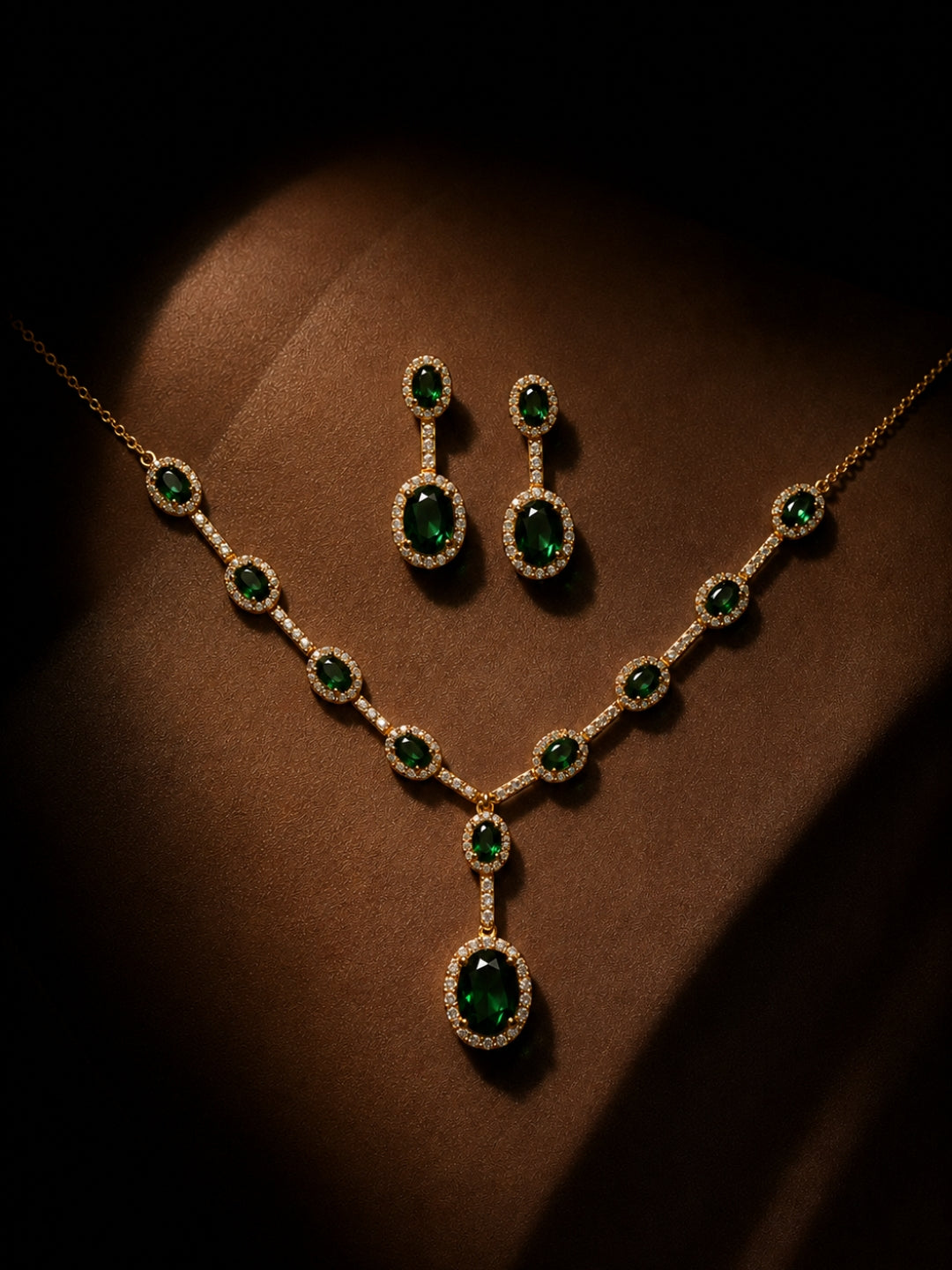Foresta Green Halo Necklace & Earring Set, 18K Gold-Plated