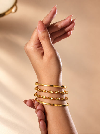 18K Gold Plated Textured Stainless Steel Stackable Bangle Set