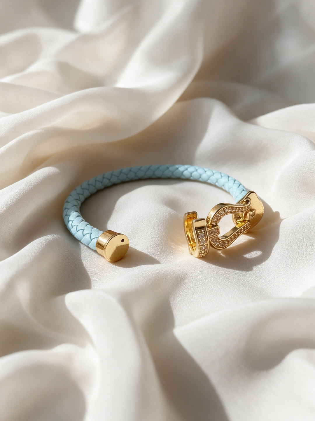Sky Blue Studded Braided Leather Gold Magnetic Bracelet -18KT Gold Plated