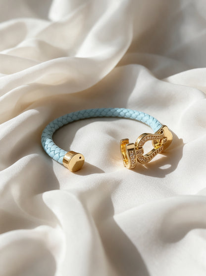 Sky Blue Studded Braided Leather Gold Magnetic Bracelet -18KT Gold Plated