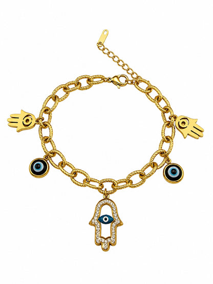 Evil Eye Hamsa Charm Bracelet in 18K Gold | Adjustable Chain